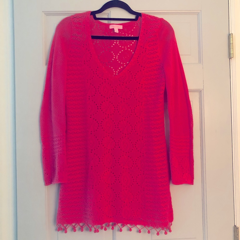 Lily Pulitzer Bright Pink V-Neck Crochet Sweater Coverup with PomPom Fringe Med